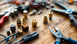 A photograph of a close-up of various landscape wire connectors arranged aesthetically on a wooden surface