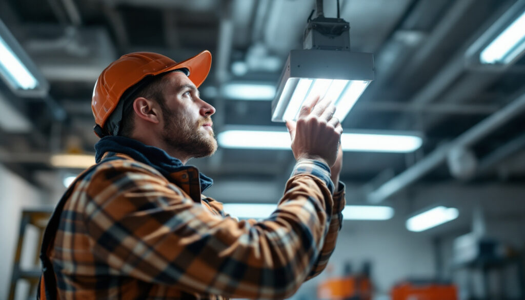 A photograph of a lighting contractor expertly replacing a fluorescent fixture diffuser in a commercial setting