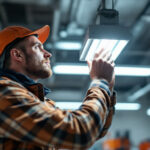 A photograph of a lighting contractor expertly replacing a fluorescent fixture diffuser in a commercial setting