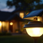 A photograph of a gama sonic solar lamp illuminated at dusk