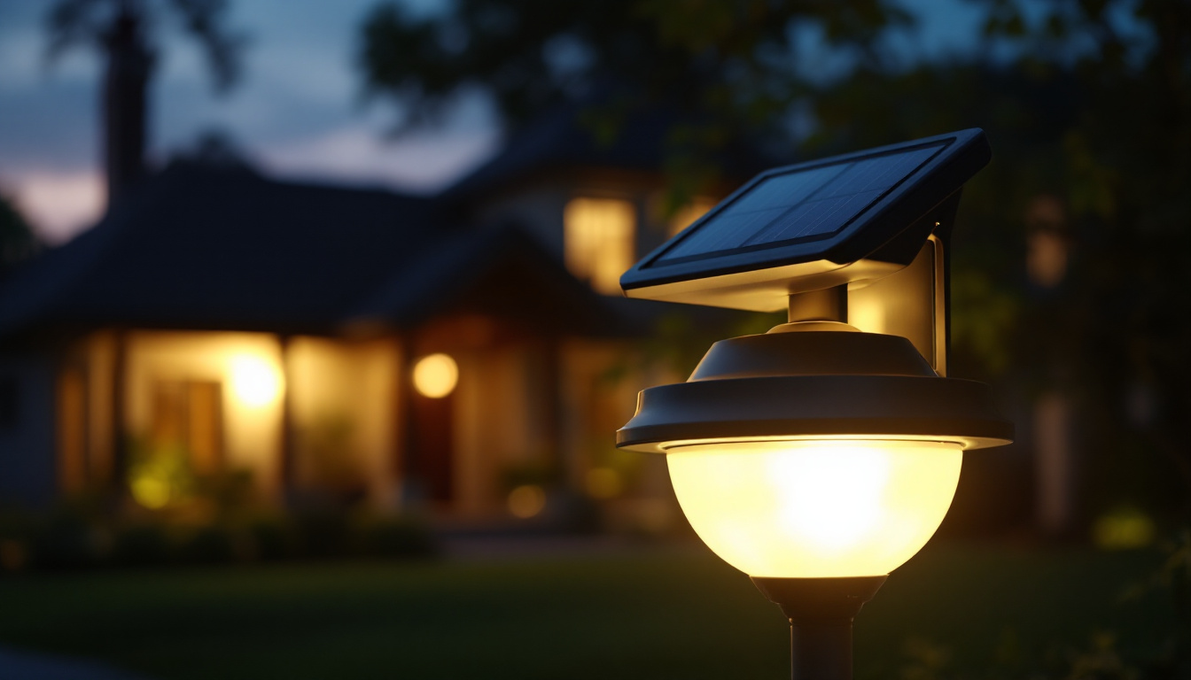A photograph of a gama sonic solar lamp illuminated at dusk