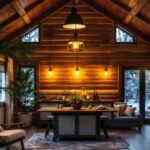 A photograph of a well-lit cabin interior showcasing various lighting fixtures in use