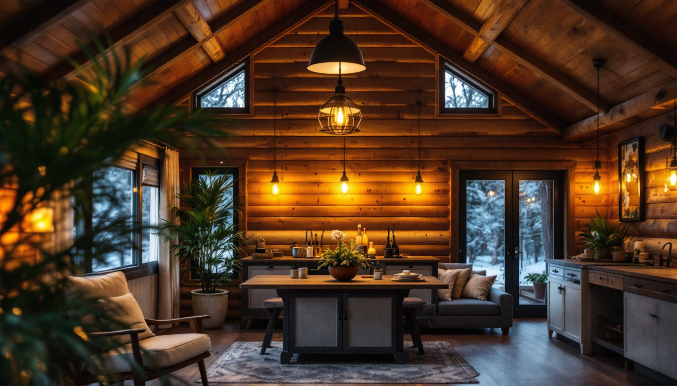 A photograph of a well-lit cabin interior showcasing various lighting fixtures in use