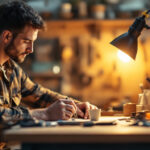 A photograph of a skilled lighting contractor meticulously sealing a lamp in a well-lit workspace
