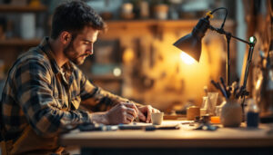 A photograph of a skilled lighting contractor meticulously sealing a lamp in a well-lit workspace