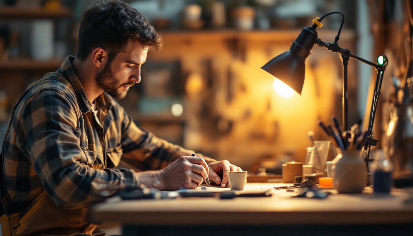 A photograph of a skilled lighting contractor meticulously sealing a lamp in a well-lit workspace