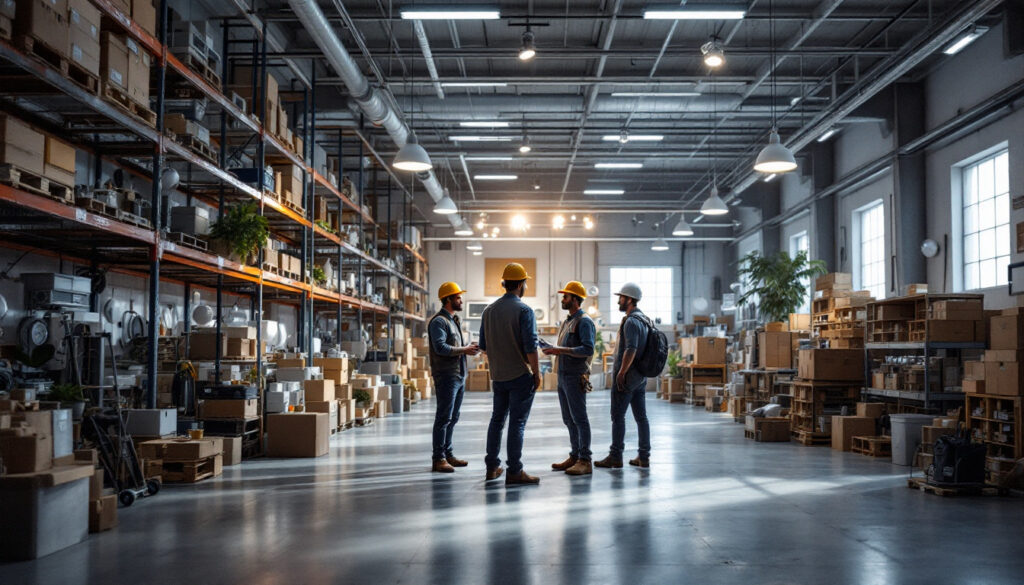 A photograph of a well-organized warehouse space featuring various lighting fixtures and equipment
