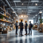 A photograph of a well-organized warehouse space featuring various lighting fixtures and equipment