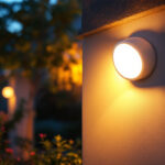 A photograph of a dusk-to-dawn sensor light illuminated in a beautifully landscaped outdoor setting during twilight