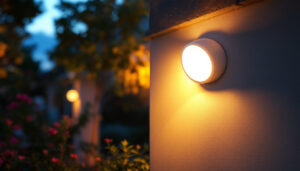 A photograph of a dusk-to-dawn sensor light illuminated in a beautifully landscaped outdoor setting during twilight