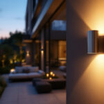 A photograph of a well-designed exterior led wall sconce illuminating a stylish outdoor space at dusk