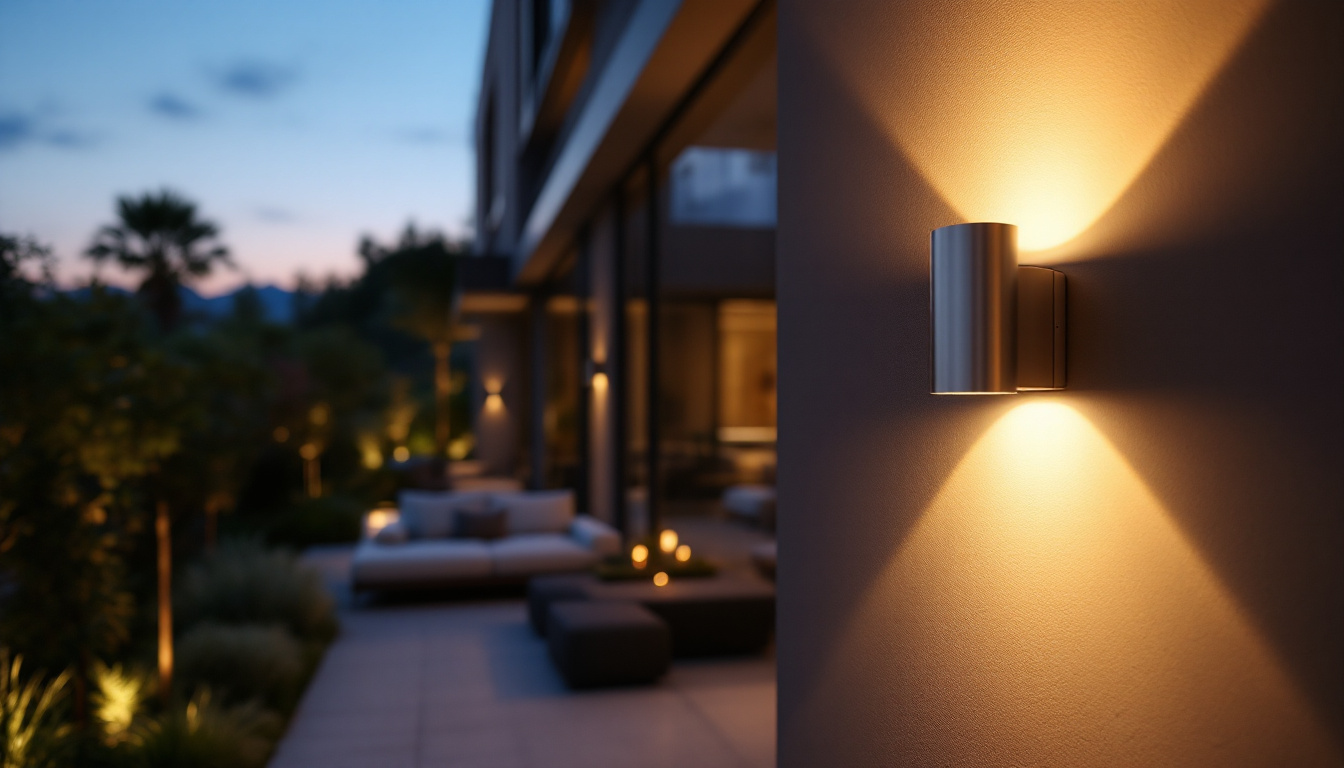A photograph of a well-designed exterior led wall sconce illuminating a stylish outdoor space at dusk