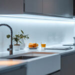 A photograph of a beautifully designed kitchen featuring sleek under cabinet motion lighting that highlights the countertops and creates an inviting ambiance