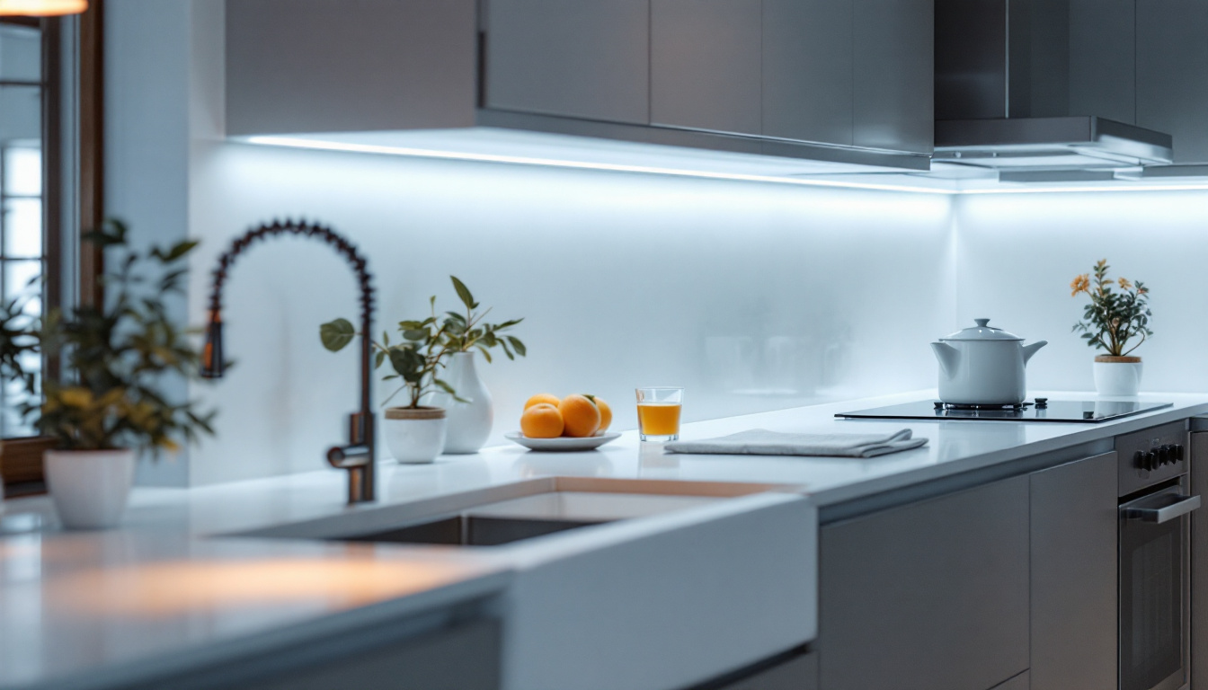 A photograph of a beautifully designed kitchen featuring sleek under cabinet motion lighting that highlights the countertops and creates an inviting ambiance