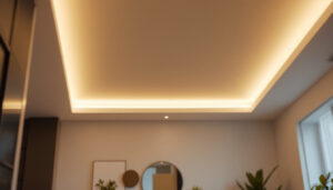 A photograph of a well-lit interior space featuring recessed lighting with a diffuser installed
