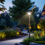 A photograph of a solar pole light illuminating a beautifully landscaped outdoor space at dusk