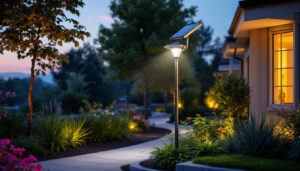 A photograph of a solar pole light illuminating a beautifully landscaped outdoor space at dusk