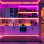 A photograph of a beautifully designed interior space illuminated by vibrant tape lights