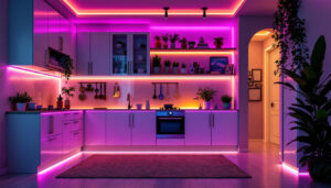A photograph of a beautifully designed interior space illuminated by vibrant tape lights