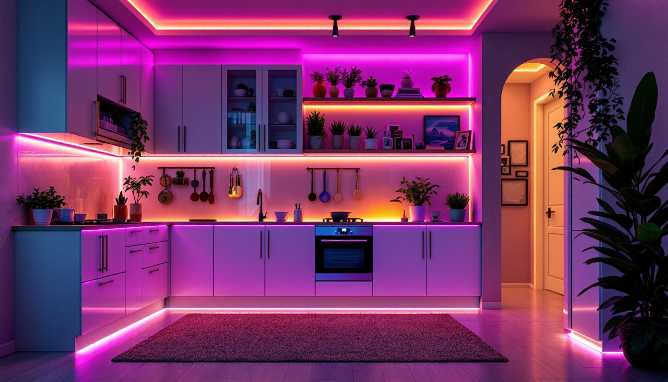 A photograph of a beautifully designed interior space illuminated by vibrant tape lights