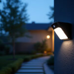 A photograph of a sleek outdoor motion sensor security light illuminating a pathway or garden area at dusk