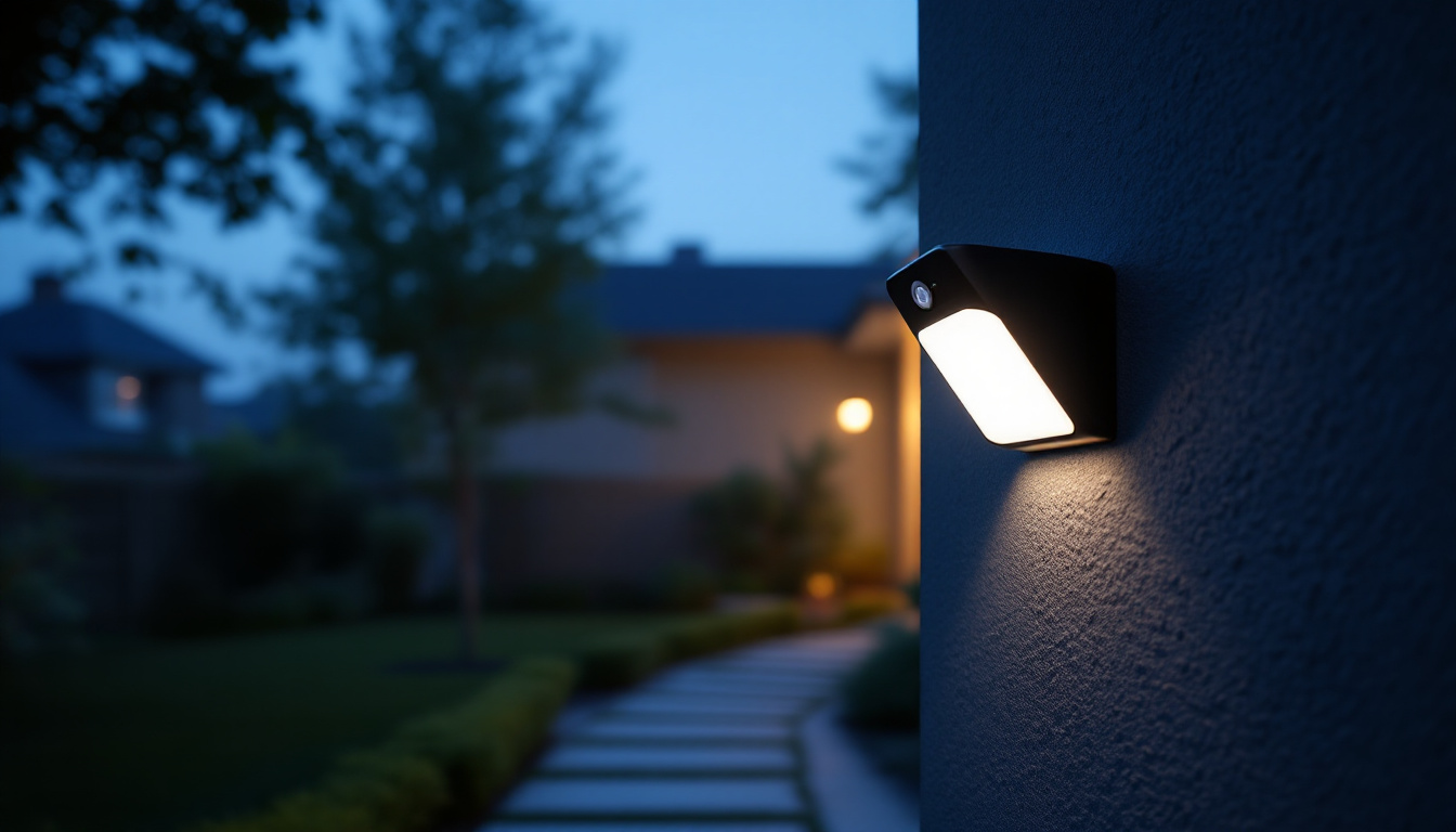 A photograph of a sleek outdoor motion sensor security light illuminating a pathway or garden area at dusk