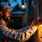 A photograph of a lighting contractor installing outdoor tube lights in a residential or commercial setting