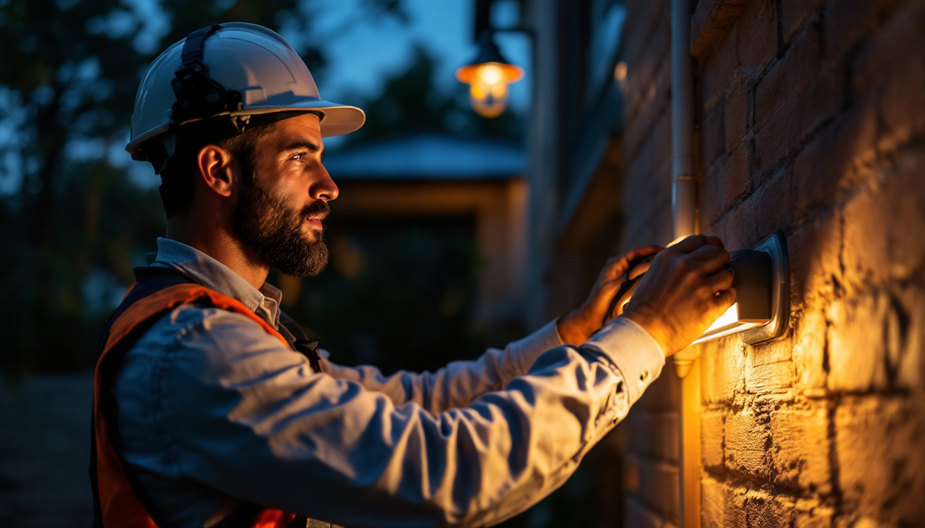 A photograph of a lighting contractor installing outdoor tube lights in a residential or commercial setting