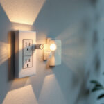 A photograph of a well-lit interior space featuring various styles of white electrical outlets in use