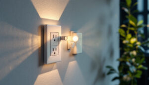 A photograph of a well-lit interior space featuring various styles of white electrical outlets in use