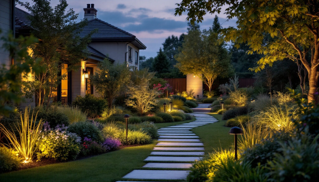 A photograph of a beautifully illuminated outdoor landscape featuring various types of landscape lights in use