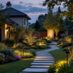 A photograph of a beautifully illuminated outdoor landscape featuring various types of landscape lights in use