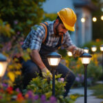 A photograph of a skilled lighting contractor installing or adjusting top solar lights in a beautifully landscaped outdoor setting