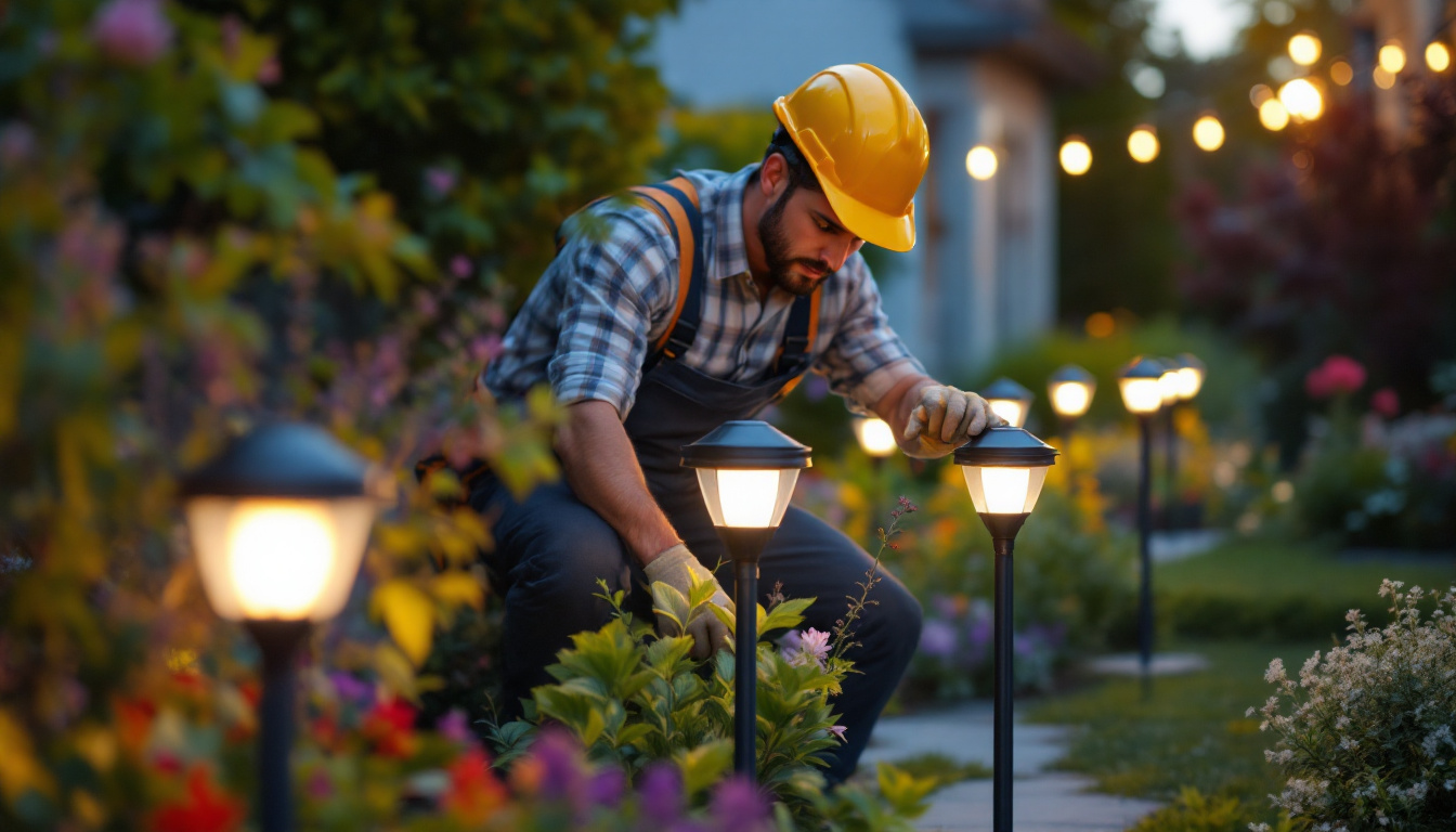 A photograph of a skilled lighting contractor installing or adjusting top solar lights in a beautifully landscaped outdoor setting