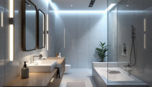 A photograph of a modern bathroom featuring stylish led lighting fixtures that enhance the ambiance