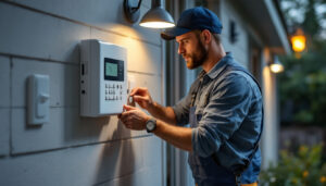 A photograph of a professional lighting contractor installing an outdoor timer switch in a residential setting