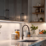 A photograph of a well-lit kitchen featuring stylish under cabinet led lighting