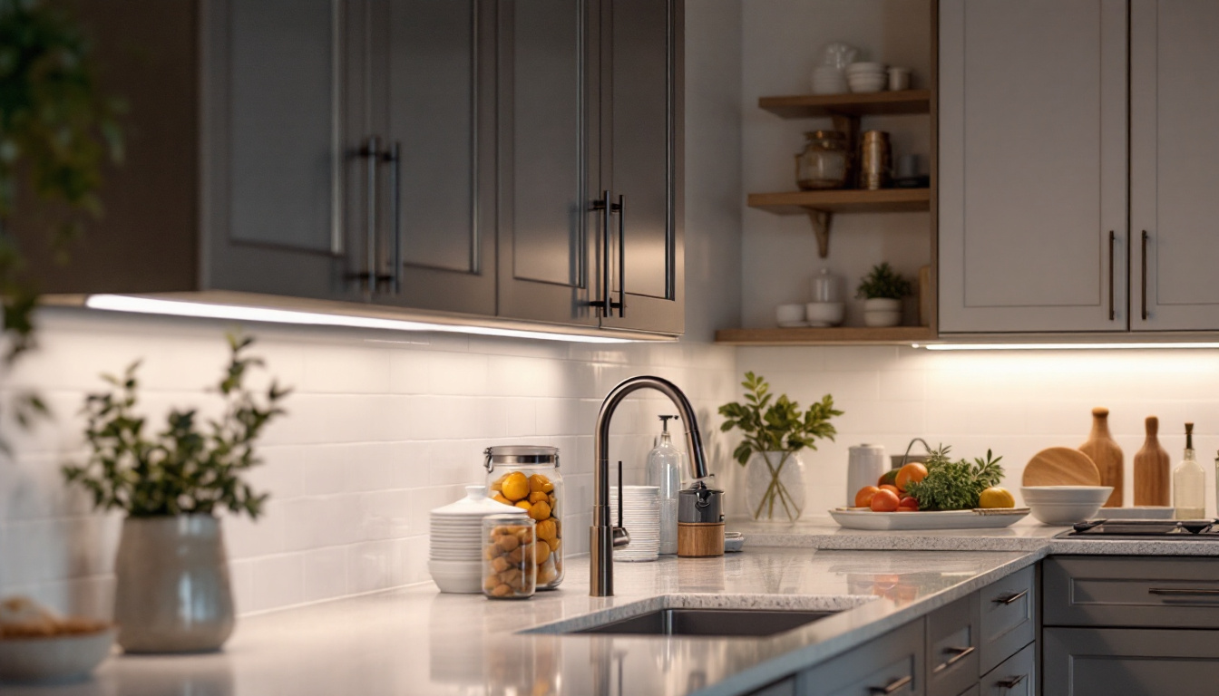 A photograph of a well-lit kitchen featuring stylish under cabinet led lighting