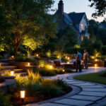 A photograph of a beautifully lit backyard at dusk