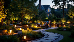 A photograph of a beautifully lit backyard at dusk