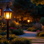 A photograph of a beautifully illuminated outdoor post lantern in a landscaped garden setting during twilight