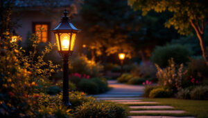 A photograph of a beautifully illuminated outdoor post lantern in a landscaped garden setting during twilight