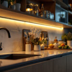 A photograph of a modern kitchen featuring stylish under-counter lighting that highlights the countertops and creates a warm ambiance
