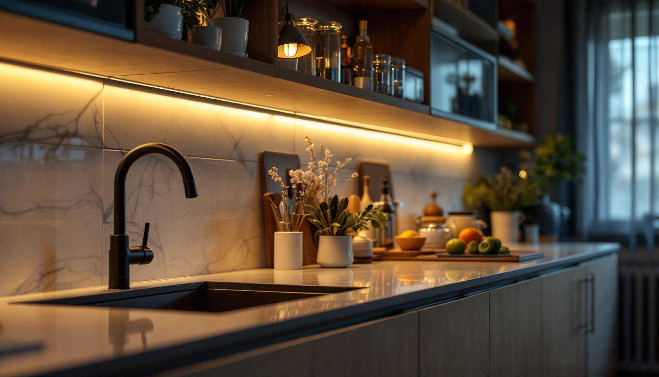 A photograph of a modern kitchen featuring stylish under-counter lighting that highlights the countertops and creates a warm ambiance