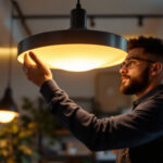 A photograph of a well-designed overhead lighting fixture in a stylish interior setting