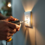 A photograph of a skilled lighting contractor installing a duplex outlet in a well-lit residential setting