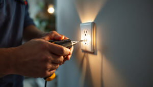A photograph of a skilled lighting contractor installing a duplex outlet in a well-lit residential setting