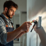 A photograph of a skilled lighting contractor expertly replacing an outlet in a stylishly lit room