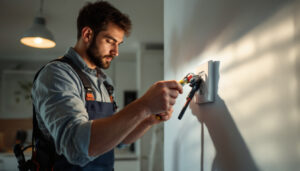 A photograph of a skilled lighting contractor expertly replacing an outlet in a stylishly lit room