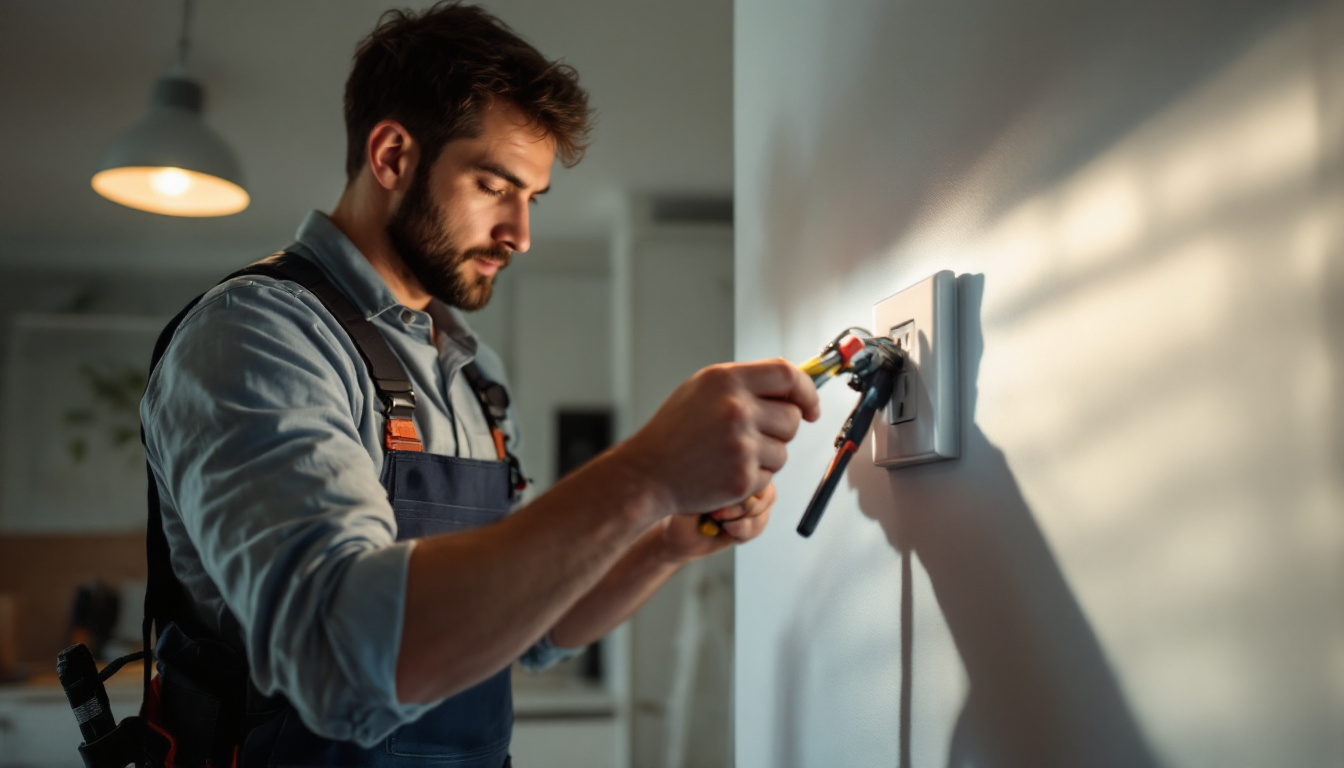 A photograph of a skilled lighting contractor expertly replacing an outlet in a stylishly lit room